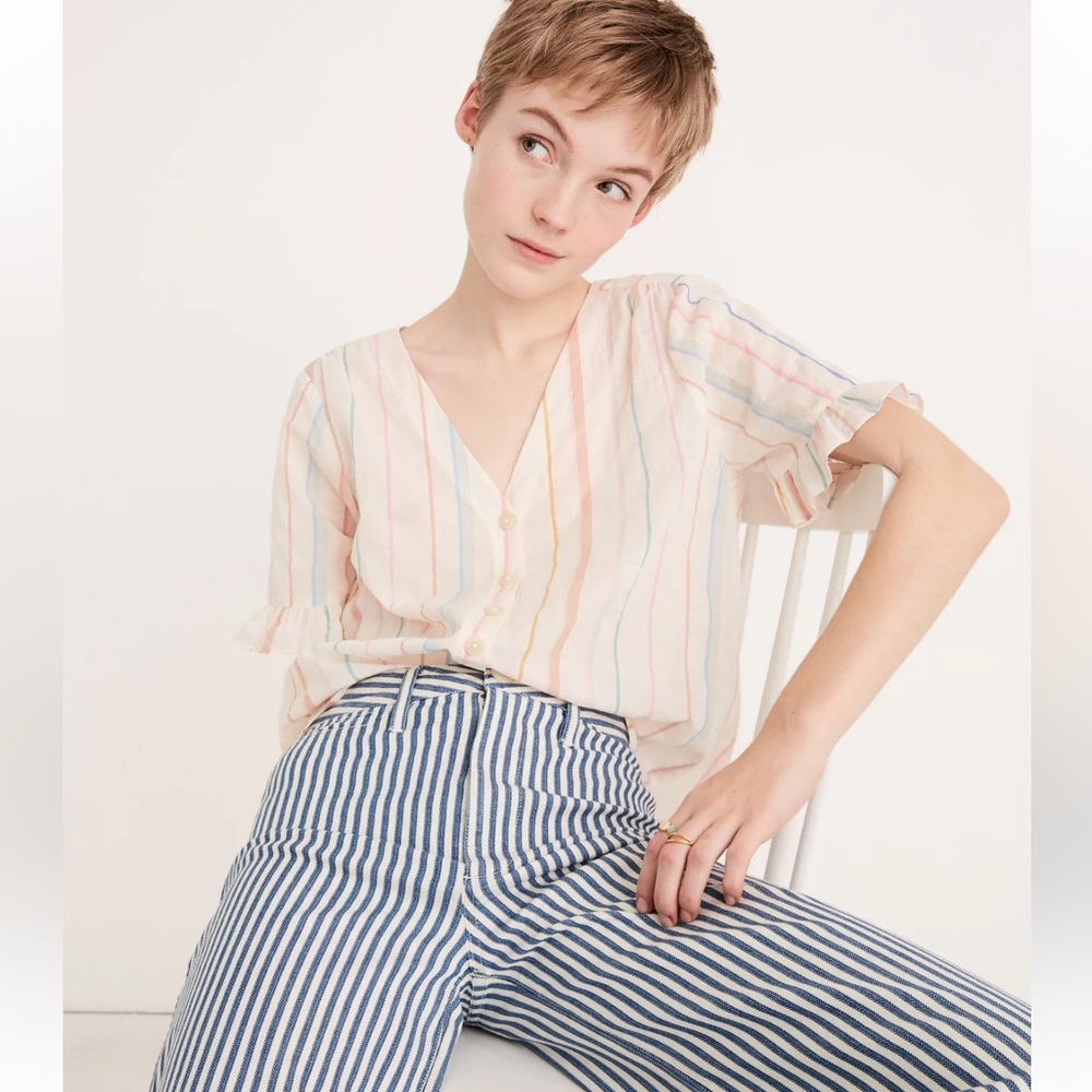 Madewell Cream Button-Front Crop Top with Pastel Stripes